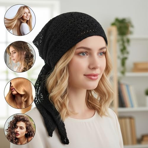 Women Slip-On Pre-Tied Beanie Headwear, Turban Covering Wrap Beanie Caps Headscarf, Stretchy Elastic Band Headwrap - color: Black