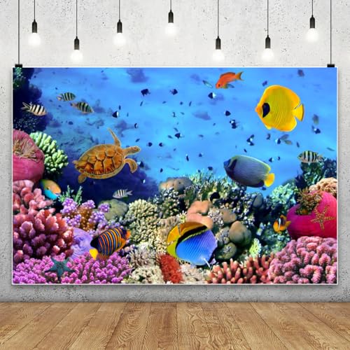 AOFOTO 8x6ft Underwater Ocean Coral Reef Backdrop Under The Sea Tropical Fish Sea Turtle Marine Life Photography Background Seabed World Nature Scene Aquarium Decor Kids Portrait Photo Shoot Props - size: 8x6ft