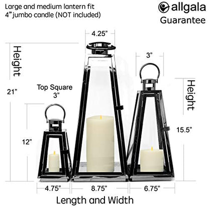 Allgala 3-PC Lantern Set 24 Inch Jumbo Deluxe Modern Indoor/Outdoor Candle Lantern Set Black Stainless Steel Tapered Trapezoid Frame with Tempered Glass for Garden Patio Fireplace Wedding - color: Taper Black