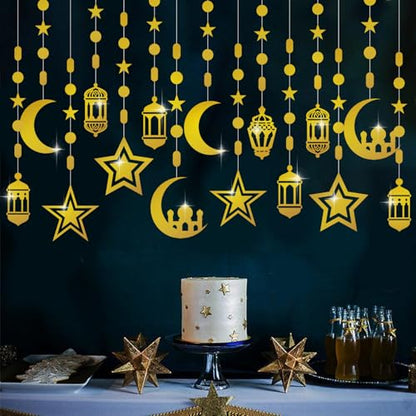 16pcs Ramadan Decorations Gold Star Moon Lantern Garland Pre-Assembled Shining Hanging Ramadan Mubarak Eid Decorations Banner Streamer for Eid Mubarak Decor Home Party Supplies
