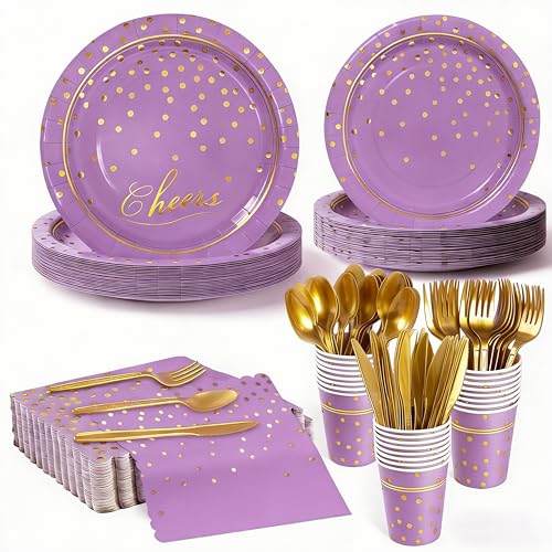 168Pcs Purple and Gold Paper Plates and Napkins Party Supplies for 24 Guest - color: Purple