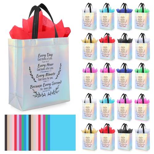 LUAVIARU 40 Pcs Bible Verse Christian Gift Bags Set – 20 Silver Reusable Gift Bag with Handles & 20 Tissue Paper, Religious Gift Bag for Church Events, Baptism, Easter, Communion, Congratulations - color: Silver, size: 20