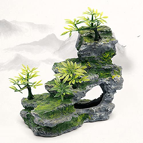 IBWell Aquarium Ornament, Mountain View Stone with Moss Tree Rock Cave Landscape Artificial Fish Tank Decoration