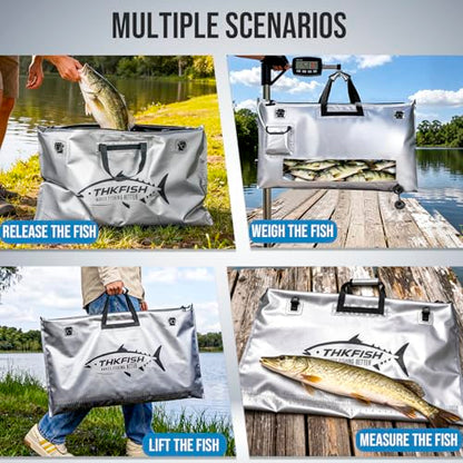 THKFISH Fish Tournament Weigh in Bag for Bass Fishing, Heavy Duty Insulated Live Fish Bag for Caught Fish with Waterproof Zipper and Mesh Liner, Leakproof,Puncture Resistant(Silver-32×19.7in) - color: Silver-32×19.7in