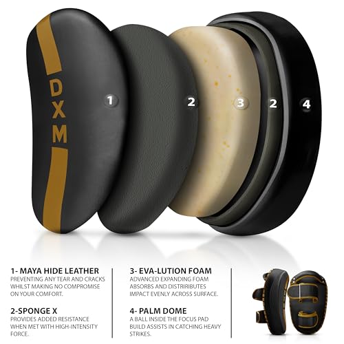 DXM SPORTS Muay Thai Pads Kickboxing Equipment Martial Arts Training Kick Pads for MMA, Taekwondo, Karate – Ideal for Kicks, Knees and Punches in Martial Arts Training (ONE PAD ONLY) - color: Black & Gold
