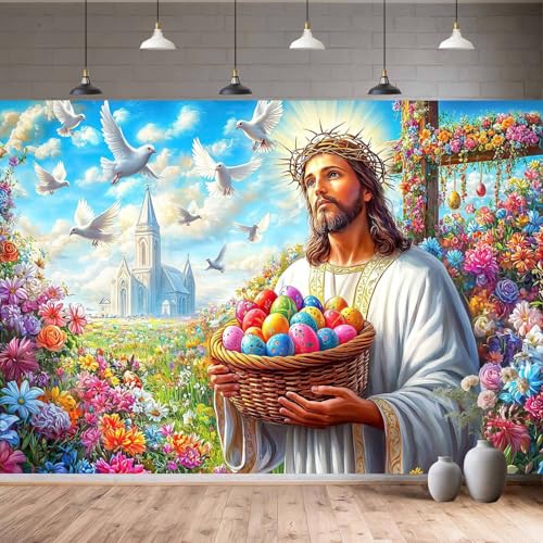 5X3ft Easter Photo Backdrop Spring Easter Religious Jesus Cross Photography Backdrops Colorful Eggs Flowers Doves Church Background Party Decoration Backdrop Photo Booth Studio Props - color: Jesus, size: 5X3FT