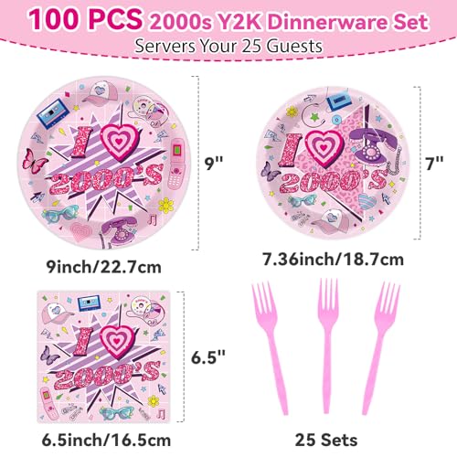 Qyeahkj 100Pcs 2000s Y2K Pink Decorations Party Supplies 90s Plates Napkins Disposable 1990s Tableware Dinnerware Birthday for 90's Kids Bachelorette Favor - style: Pink Y2K