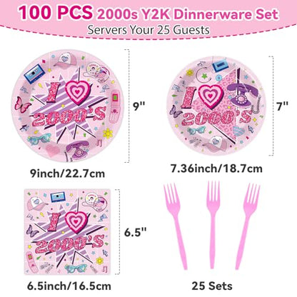 Qyeahkj 100Pcs 2000s Y2K Pink Decorations Party Supplies 90s Plates Napkins Disposable 1990s Tableware Dinnerware Birthday for 90's Kids Bachelorette Favor - style: Pink Y2K