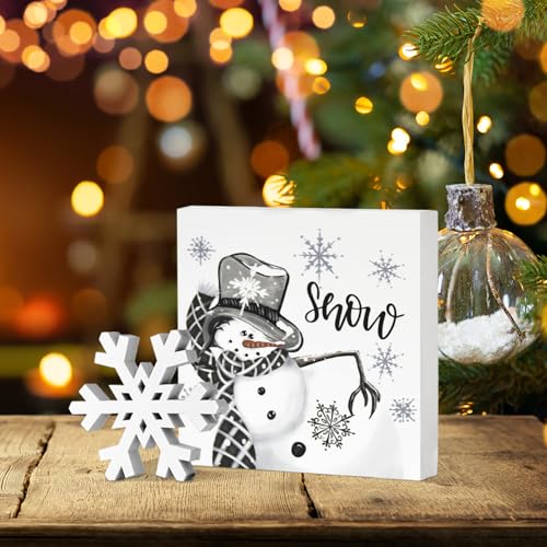 Smile Christmas Indoor Decor, Snowflake Snowman Square Sign Wooden Sign for Desk Table Shelf Office Farm Decoration Kitchen 5 x 5 Inches. - style: Snowman