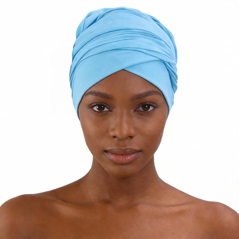 Turban Head Wrap Scarf,African Women' Soft Long Scarf Shawl Hair Bohemian Headwrap Stretch Headband Tie - color: Lake Blue