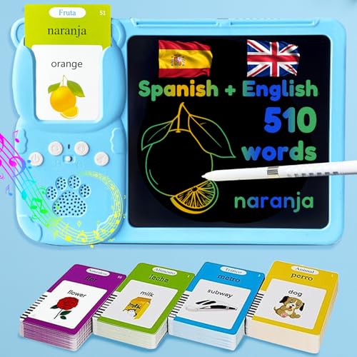 Writing Tablet with Bilingual Flash Cards for Kids, Spanish Blue - color: Spanish, size: Blue
