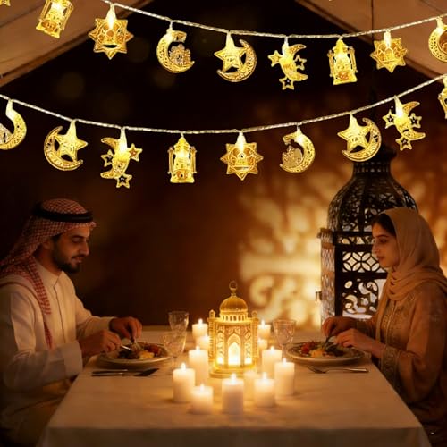 Ramadan String Lights 20FT 40 LED, 5 Mixed Styles (Moon/Star/Mosque/Lantern) Warm White Battery Operated, 2 Modes (Steady/Flash) for Eid Al-Fitr Yoga Meditation Ambience