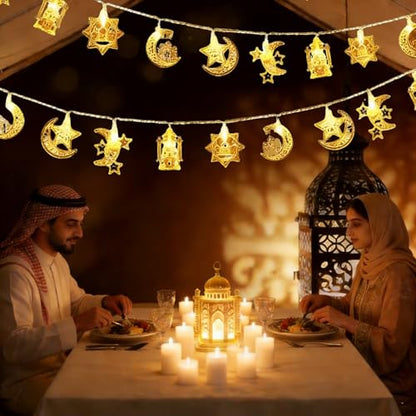 Ramadan String Lights 20FT 40 LED, 5 Mixed Styles (Moon/Star/Mosque/Lantern) Warm White Battery Operated, 2 Modes (Steady/Flash) for Eid Al-Fitr Yoga Meditation Ambience
