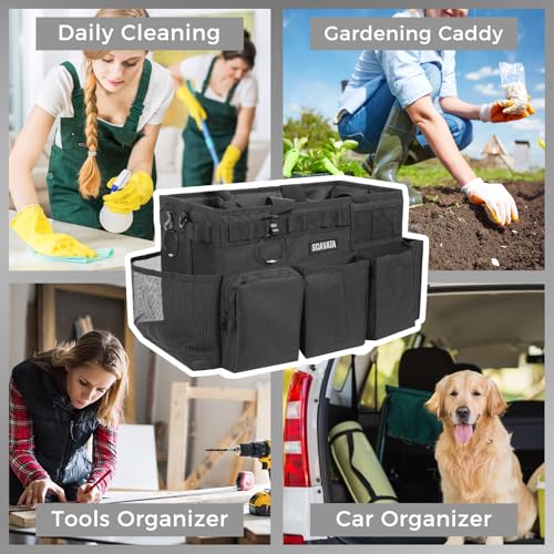 SCAVATA Wearable Cleaning Caddy Bag, Supplies Organizer with Handle & Shoulder Straps for Housekeepers, Under Sink & Car Cleaning Tool Organizer with 4 Foldable Dividers (Black) - color: Black