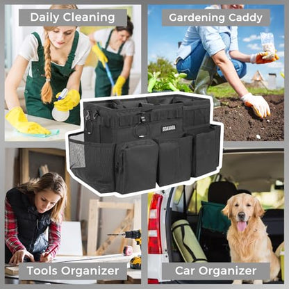 SCAVATA Wearable Cleaning Caddy Bag, Supplies Organizer with Handle & Shoulder Straps for Housekeepers, Under Sink & Car Cleaning Tool Organizer with 4 Foldable Dividers (Black) - color: Black
