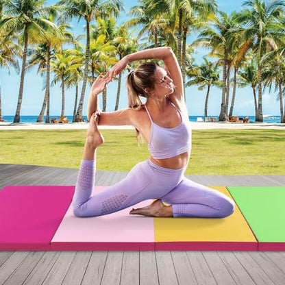 Giantex 4'x10'x 2" Gymnastics Mat, 4-Panel Folding Aerobics Exercise Mat w/Hook & Loop Fastener, Carrying Handle, Portable Tumbling Mat for Stretching Yoga Cheerleading Martial Arts - color: Green/Yellow/Pink