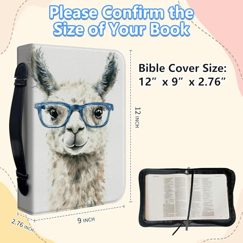 Bible Cover Case for Women, PU Leather Large Bible Cases with Zipper Fits Books Up to 12" x 9" x 2.76”, Bible Carrying Bag for Men, Alpaca with Glasses - color: Alpaca With Glasses