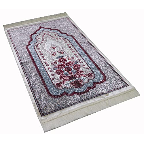 Modefa Turkish Islamic Velvet Prayer Rug - Prayer Mat Carpet for Men and Women - Traditional Muslim Janamaz Sajada - Ramadan or Eid Gift - with Car Hanger - Luxury Winter Rose (Blue/Red) - color: Blue / Red