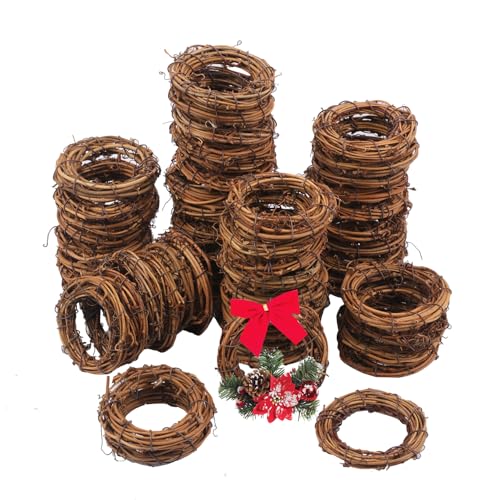 60 Pcs 2.4 Inch Natural Grapevine Wreath Set, Natural Rattan Wreath,Hand-Woven 2.4 Inch Vine Branch Wreaths, Perfect for DIY Crafts, Christmas Decorations, and Wedding Supplies - size: 60 Pcs 2.4 Inch