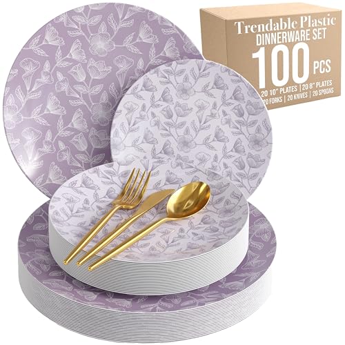 Trendables Fancy Plastic Dinnerware Sets 100 Pc 20 Guests Gold Silverware Disposable 20 X 10 Inch Charger Plates 20 X 8 Inch Dessert Plates 20 x Gold Plastic Forks and Spoons Knives In Blossom Circle - color: Blossom Circle