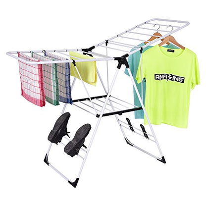 GOFLAME Steel Clothes Drying Rack with Adjustable Wings, Foldable Gullwing Collapsible Laundry Drying Rack with Shoe Holder and Shelves, Space Saving Drying Rack for Underwear, Socks, Pants - size: 54.5" x 22" x 36.5"