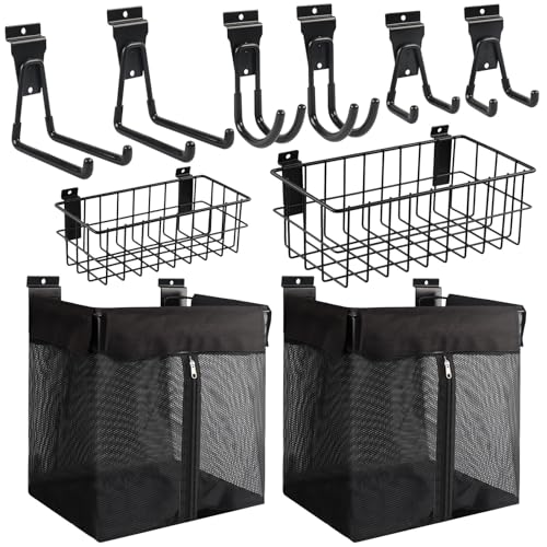 ZORUNNA 2PCS Slatwall Basket, 2PCS 16x15x11 Inch Mesh Slat Wall Basket with Zipper, 6 PCS Heavy Duty Hook Slatwall Accessories, Easy to Install Garage Shop Gym Toy Display Storage. - size: 16x15x11'+ 2*Metal Basket
