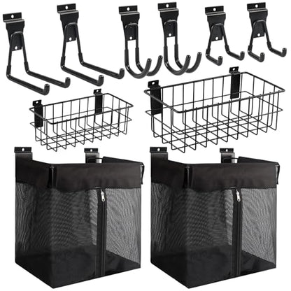 ZORUNNA 2PCS Slatwall Basket, 2PCS 16x15x11 Inch Mesh Slat Wall Basket with Zipper, 6 PCS Heavy Duty Hook Slatwall Accessories, Easy to Install Garage Shop Gym Toy Display Storage. - size: 16x15x11'+ 2*Metal Basket