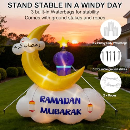 6FT Outdoor Inflatable Ramadan Moon Decoration, Blow Up Islamic Eid Decor with LED Lights, Waterproof Inflatable Ramadan Eid Mubarak Holy Celebration for Celebrate Fasting Introspection and Prayer - style: Purple