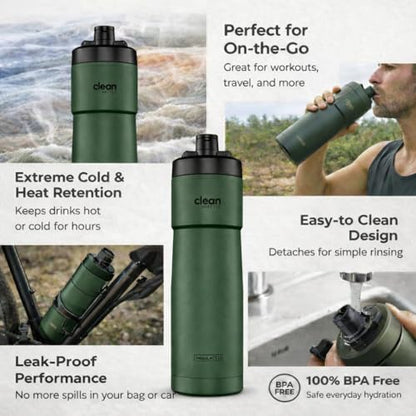 The Clean Hydration Co Insulated Bike Water Bottle 23 oz | Easy Clean Nozzle, Easy Squeeze Sports Bottle | BPA Free Cycling Bottle for Road & Mountain Biking, Gym & Travel | Matte Green - color: Matte Green