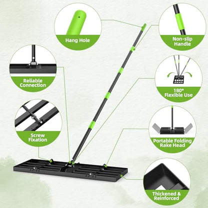 GARDTECH 16x10 Inch Lawn Leveling Rake Heavy Duty Adjustable Handle Yard Tool – Reinforced Steel Landscape Rake for Lawn Leveling, Soil Grading, Golf Course & Backyard Care - size: 16''x10''
