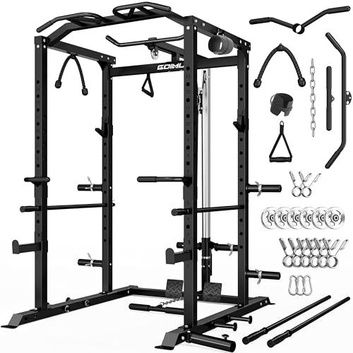 C1-V4 Power Cage, 2000LBS Squat Rack with LAT Pulldown, Multi-Function Weight Cage Strength Training Machine, Workout Cage with More Attachments for Home Gym Garage - style: C1-Pro(Aluminum Pulleys) Bk