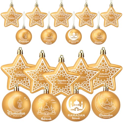 18 Pcs Eid Mubarak Decorations Ramadan Hanging Decorations Gold Moon Ornaments Plastic Eid Mubarak Hanging Balls Star Ramadan Islamic Decor for Home Window Islamic Muslim Tree Party Decor