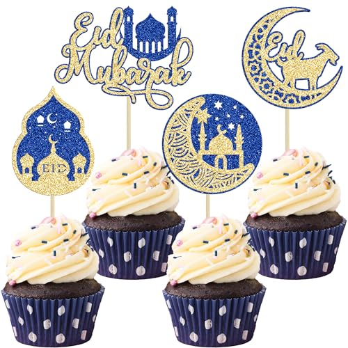 Ephlyn 24Pcs Eid Mubarak Cupcake Toppers Glitter Ramadan Kareem Happy Eid Cupcake Pick Decorations for Islamic Muslim Theme Party Supplies Blue - color: Blue-5