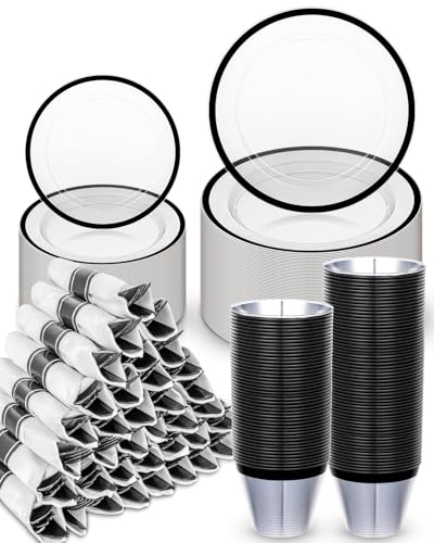BESTVIP 350 Pcs Clear Black Plastic Dinnerware Set for 50 Guests - color: Black, size: 350