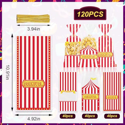 Threetols 120 Pcs Carnival Circus Cellophane Bags, Circus Gift Treat Snack Bag Goodie Candy Bag Red White Stripe Carnival Treat Plastic Bags with Twist Ties for Circus Carnival Baby Shower Party Favor - color: red