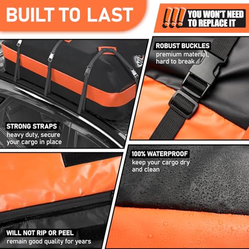 Car Roof Bag Rooftop top Cargo Carrier Bag 15 Cubic feet Waterproof for All Cars with/Without Rack, Includes Anti-Slip Mat, 10 Reinforced Straps, 6 Door Hooks, Luggage Lock - size: 15 Cubic Feet