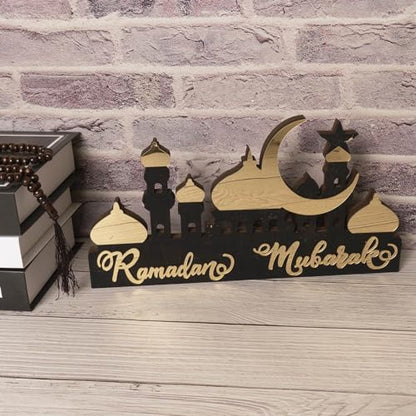 Wooden Acrylic Ramadan Decorations for Home 2026, Gold Black Ramadan Mubarak Eid Kareem Sign Stand, Wood Islamic Table Centerpiece Fireplace Office Desk Mosque Decor, Arabic Muslim Gifts