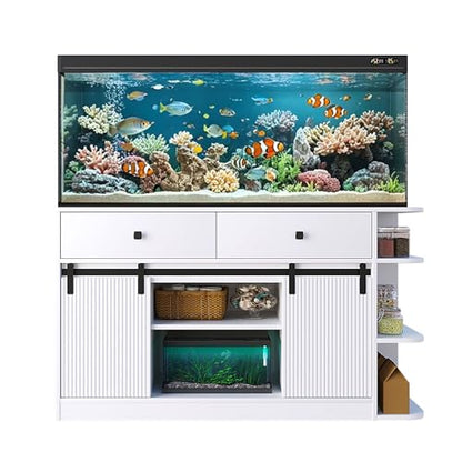 55-75 Gallon Aquarium Stand with Power Outlet & LED Light, Heavy Duty Fish Tank Stand with Sliding Barn Doors, Storage Cabinet for Turtle Tank & Reptile Terrarium, 1200LBS (White-2) - color: White-2