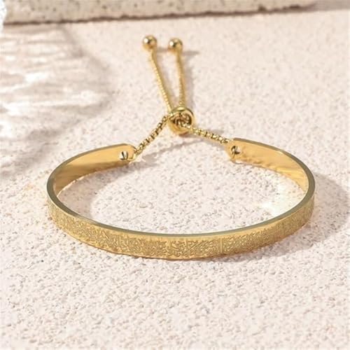 Exquisite Ayatoll Kursi Stainless Steel Engraved Islamic Muslim Verses C-Shape Bracelet with Chains at Both Ends - Unique Design, Arabic Jewelry for Every Occasion, Ramadhan Holiday Gift - color: golden