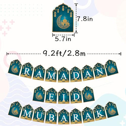 VILIFEVER 2 in 1 Ramadan Eid Mubarak Banner with Lantern Moon Star Sign, Eid Ramadan Mubarak Decorations for Mantel Fireplace Al-fitr Party Decoration Supplies