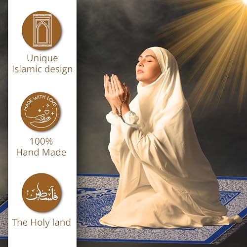 Islamic Prayer Rug with Olive Wood Misbaha – Portable Muslim Prayer Mat & 33 Beads Tasbih from The Holy Land – Ideal for Ramadan, Hajj, Umrah & Daily Salah
