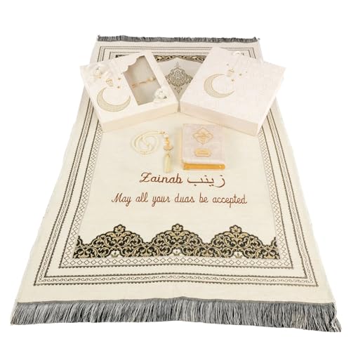 IEF Personalized Prayer Rug Prayer Beads Quran Islamic Gift Set, Ramadan Eid Hajj Umrah Wedding Birthday Mother's Day Father's Day Valentine's Day Gifts (Beige) - color: Beige