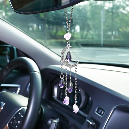 Car Rear View Mirror Accessories, Witchy Hanging Ornament, Unique, Cute Moon Boho Rearview Decor Charm Handmade Amethyst&Clear Quartz Crystal Beads Swinging Interior Decor for Women Men - color: Moon02