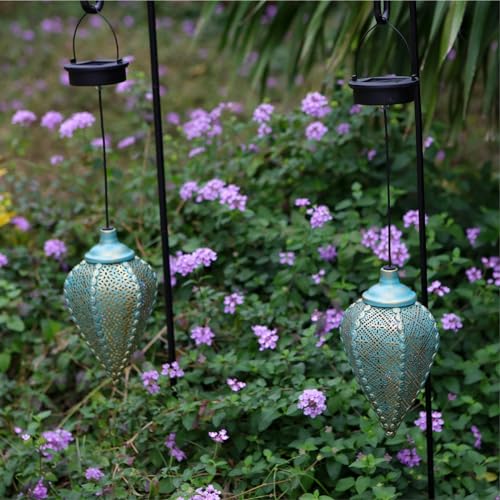 Solar Outdoor Lanterns- Hanging Lights, Set of 2 Moroccan Style Garden Party Decorative Rechargeable Lantern, Hurricane Lamps are Great for Front Porch, Patio and Yard