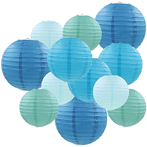 Blue Paper Lanterns 12 Pcs Assorted size of 6" 8" 10" 12" Chinese Round Paper Hanging Decorations Lanterns Lamps for Home Decorations, Parties, and Weddings - color: Blue