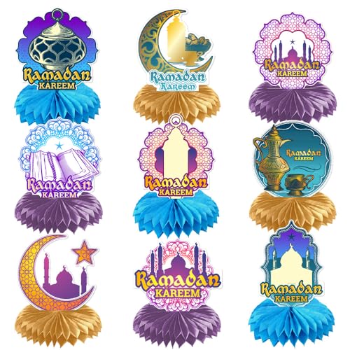 9Pcs Ramadan Mubarak Decorations Honeycomb Centerpiece, 3D Double Side Honeycomb Decorations for Muslim Eid Al-Fitr, Eid Mubarak Table Decorations for Home Office Indoor Ramadan Party Supplies