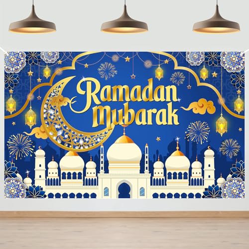 Mocsicka Ramadan Mubarak Decorations Backdrop Blue Gold Muslim Ramadan Kareem Banner Eid Mubarak for Home Muslim Party Supplies (Blue, 6x3.6ft) - color: Blue, size: 6x3.6ft