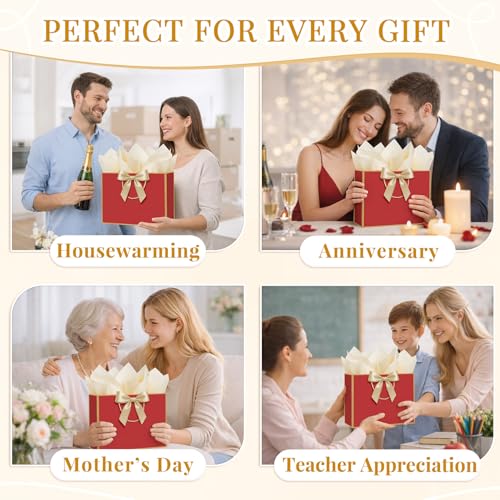 ANZNKU 2PCS Red Gift Bags for Women, Medium Gift Bags with Handles 4 Tissue Paper 2 Ribbons 2 Cards for Birthday Wedding Graduation Bridal & Baby Shower Engagement Presents Party Favors Wrapping - color: Crimson Red