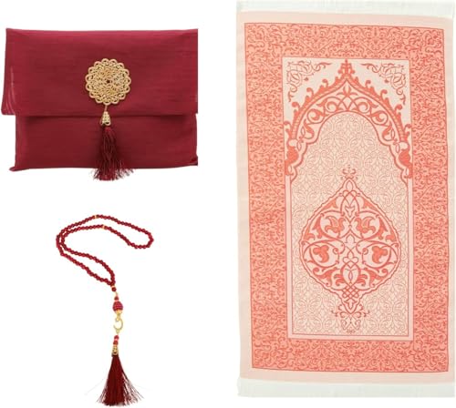 Premium Area Rug for Islamic Prayers - Muslim Prayer Mat and Rug for Men with Arabic Gifts - Traditional Islamic Prayer Rug Islam - سجادة صلاة Included - color: Red