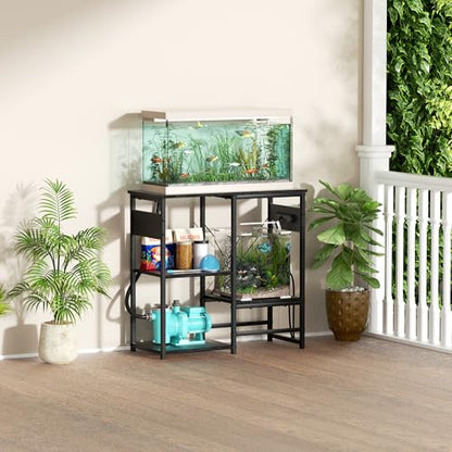GRLEAF 5-10 Gallon Fish Tank Stand with Power Outlets, 4 Tier Metal Aquarium Stand with Wood Storage Shelves, 20.3" L x 10.6" W x 30.3" H Turtle Reptile Fish Tank Table Aquarium Table - Black - size: 5-10 Gallon